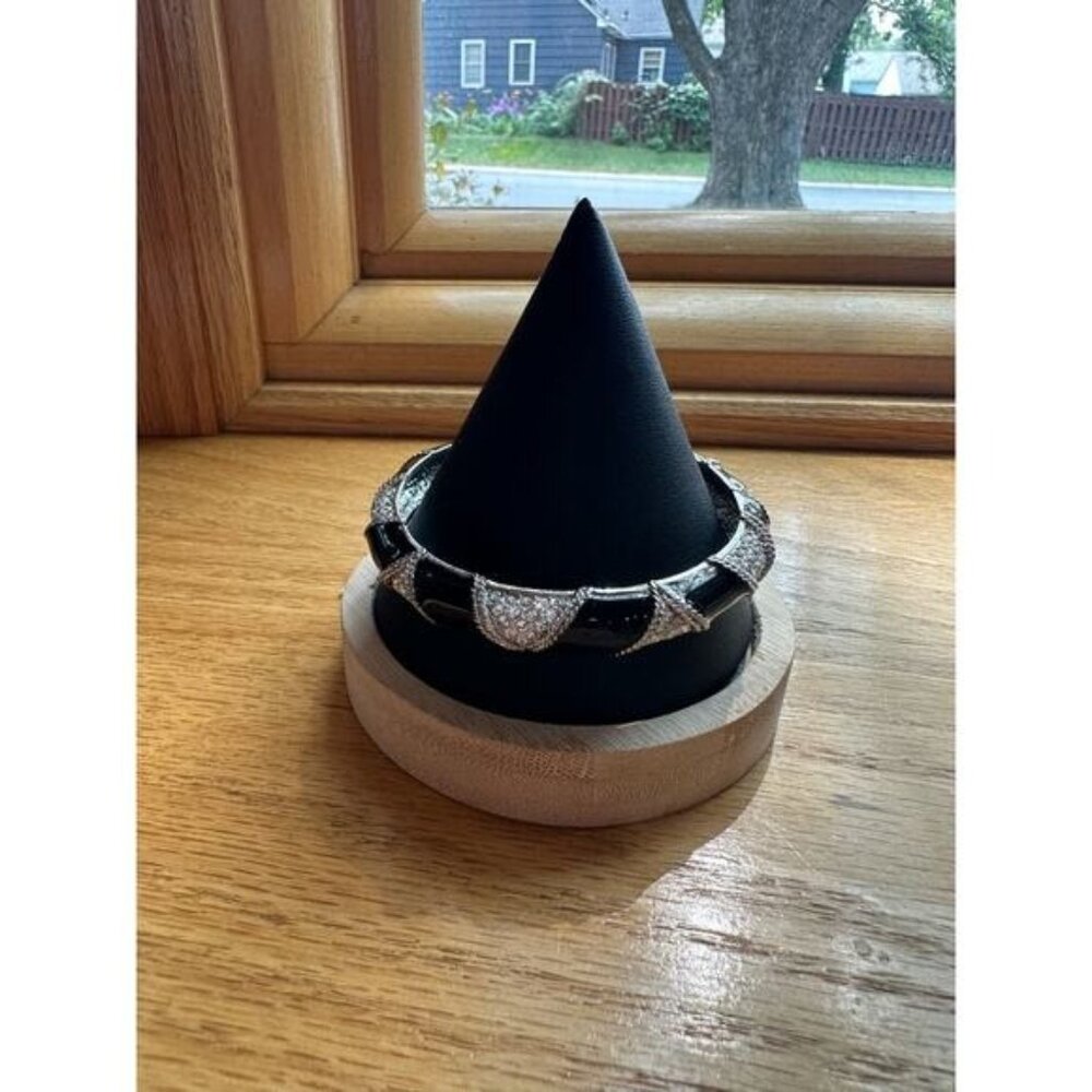 Silver & Black Metal Bangle Bracelet With Rhinestone Accents